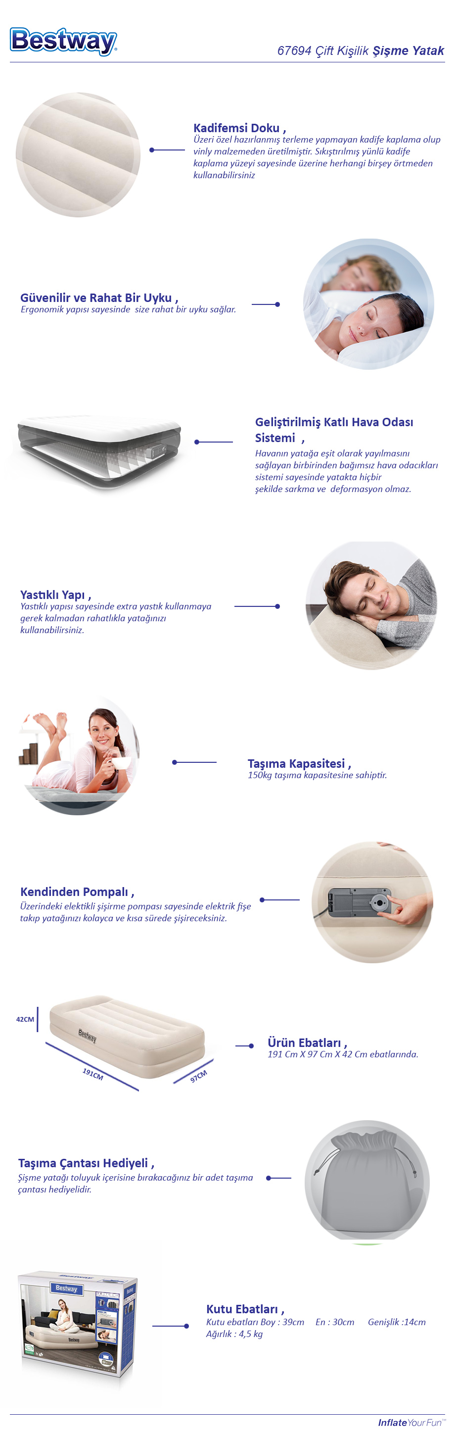Tek Kişilik Şişme Yatak Elektrikli Pompa 67694 <p>191cm x 97cm x 42cm</p>