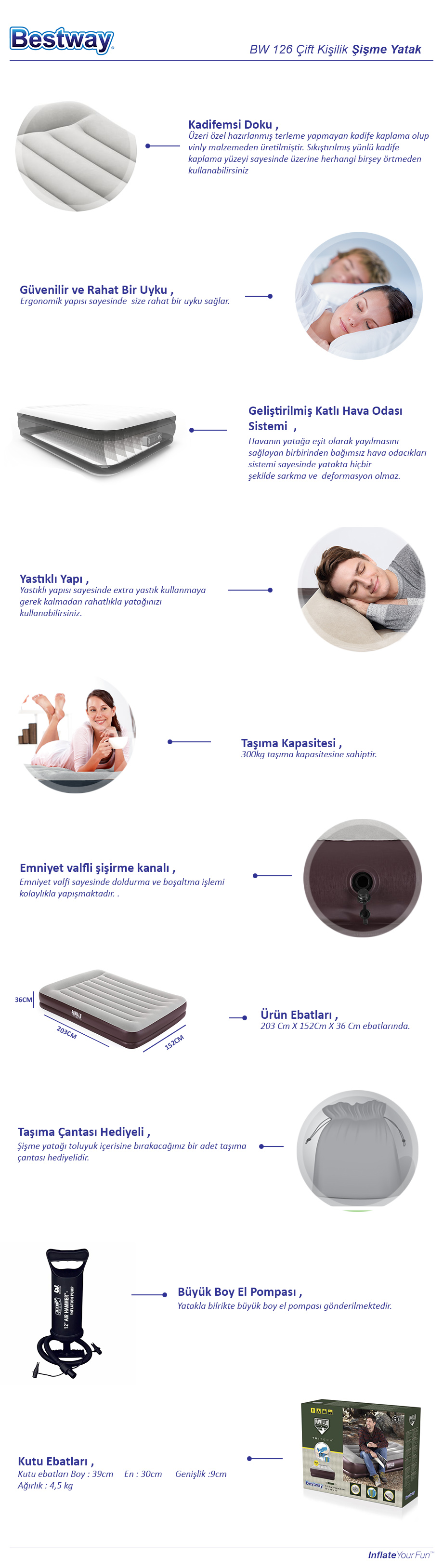 Şişme Yatak Seti BW126 67699 <p>203cm x 152cm x 36cm</p>