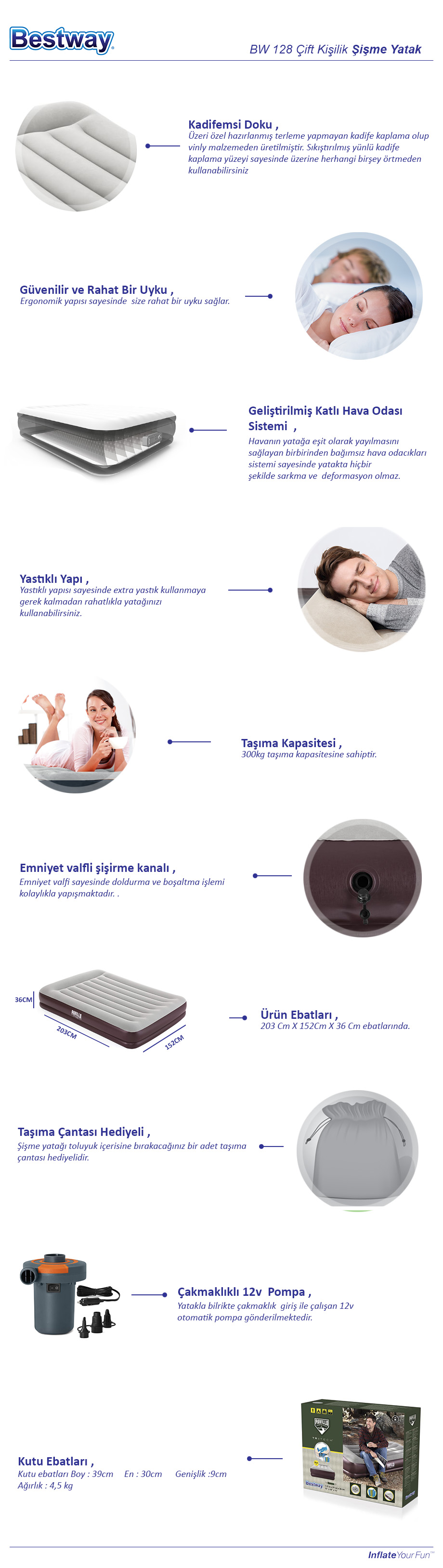 Şişme Yatak Seti BW128 67699 203cm x 152cm x 36cm